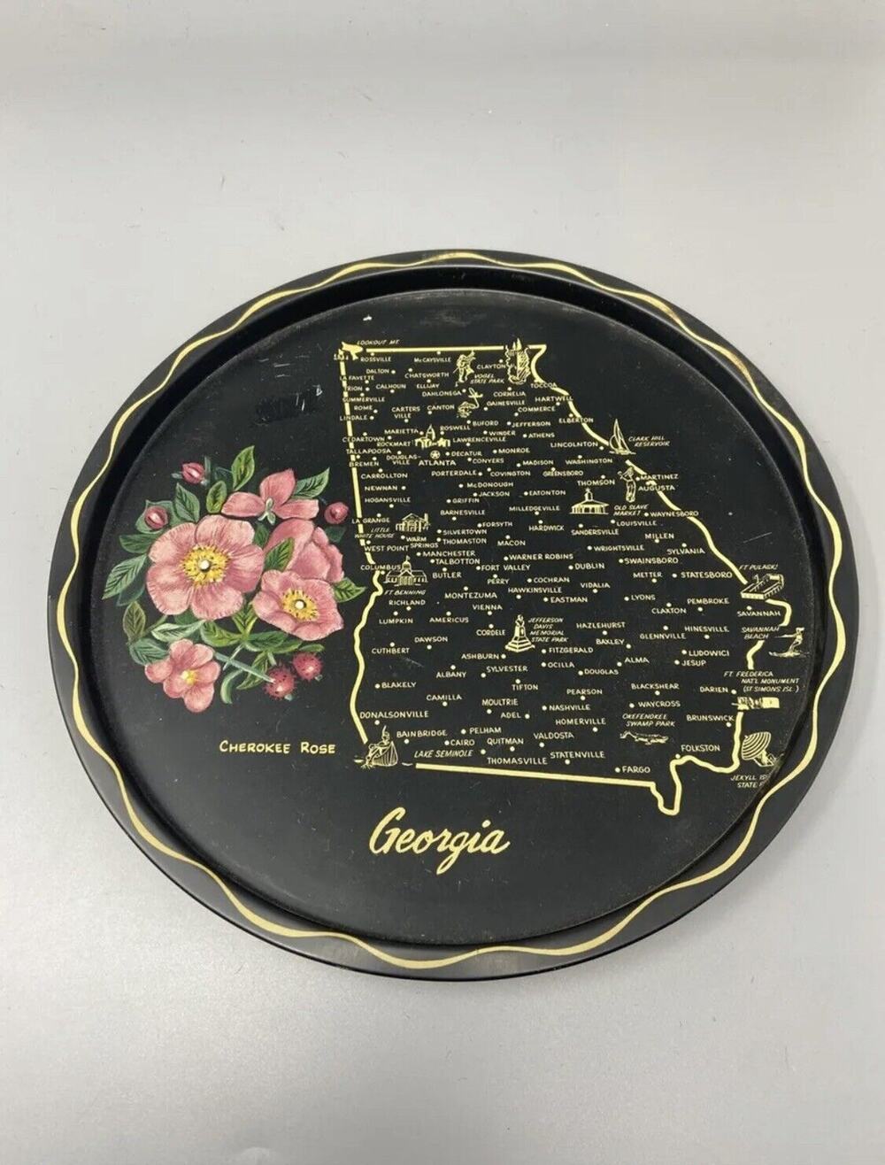 Vintage Toleway Serving Tray Georgia Cherokee Rose Black Gold Color With Flowers